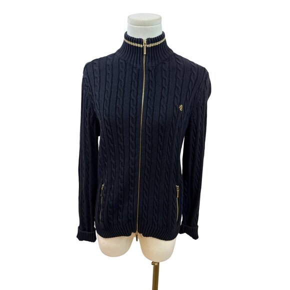 Ralph Lauren Petite Navy Cable Knit Full-Zip Cardigan Sweater Gold Accents Sz M - Picture 1 of 7
